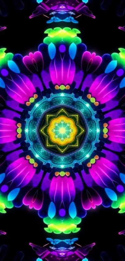 Vibrant kaleidoscope pattern with neon colors in a mandala style.