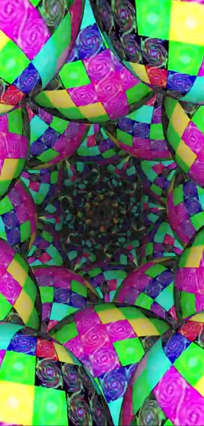 Vibrant kaleidoscope pattern with colorful geometric shapes.