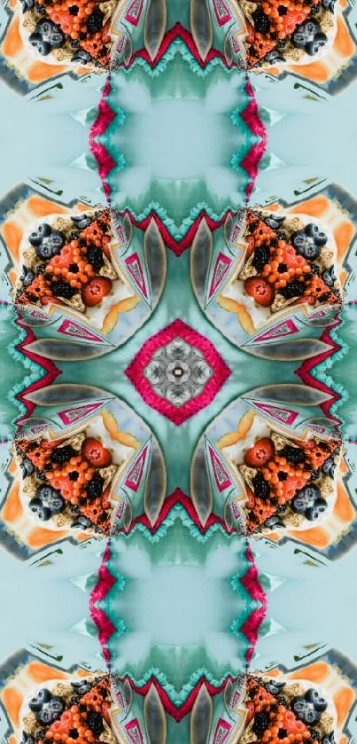 Vibrant kaleidoscope pattern with teal and colorful accents.