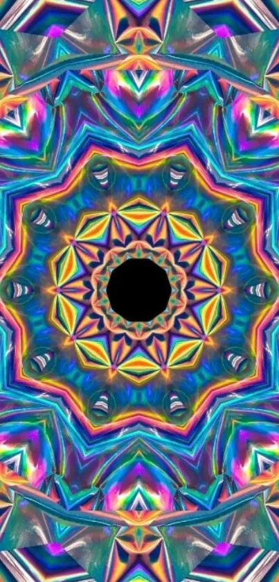 Vibrant kaleidoscope pattern with multicolor design on mobile wallpaper.