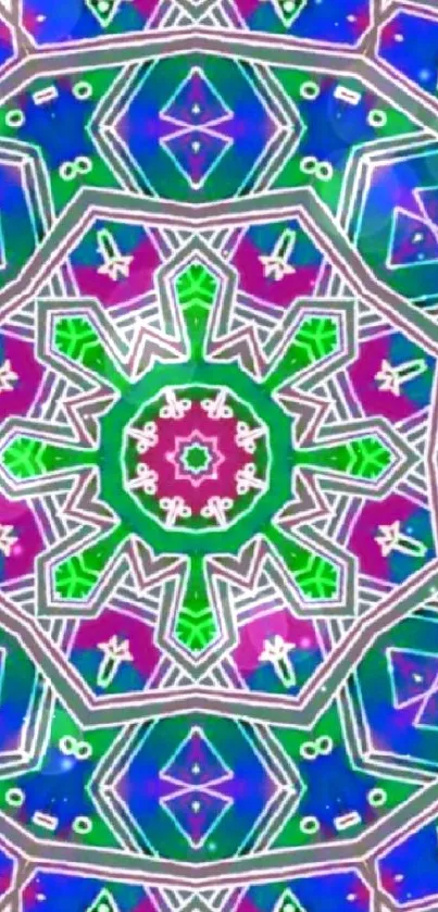 Vibrant kaleidoscope pattern with geometric shapes in blue, green, and purple.