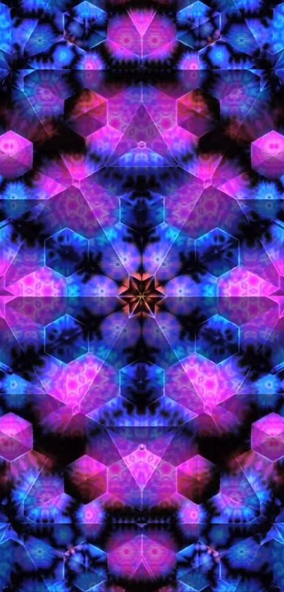 Vibrant kaleidoscope pattern in pink and blue hues.