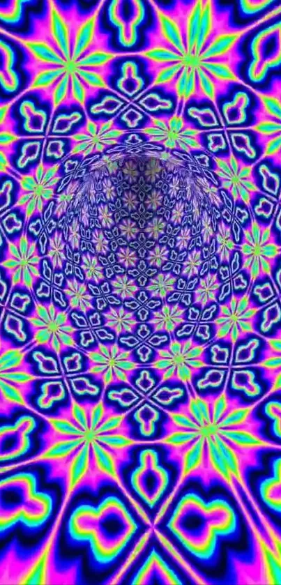 Bright kaleidoscope pattern with neon colors in purple, green, and blue.