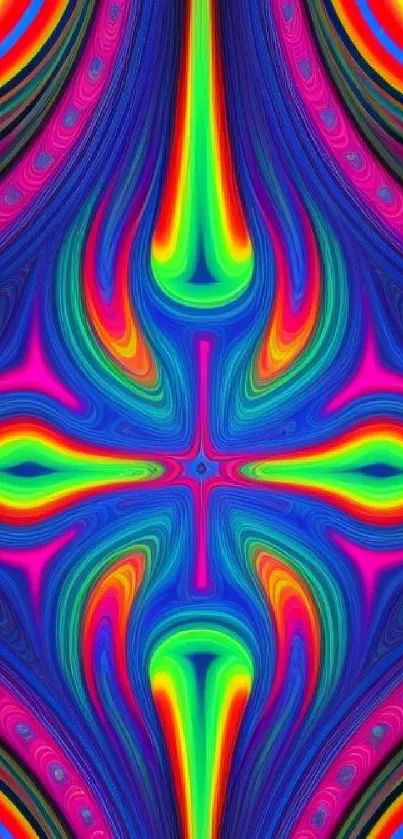 Vibrant kaleidoscope pattern with neon colors for mobile wallpaper.