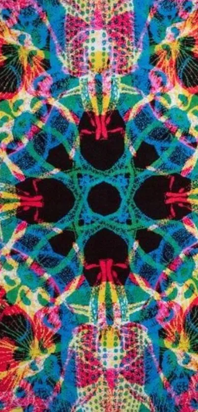 Vibrant kaleidoscope pattern, full of bold colors and intricate design.