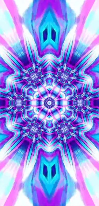 Vibrant kaleidoscope pattern in blue, purple, and pink hues for mobile wallpaper.