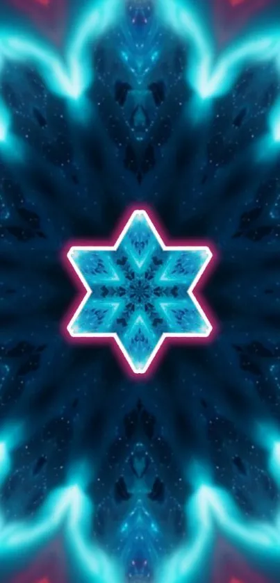 Vibrant teal kaleidoscope wallpaper with a neon star pattern.