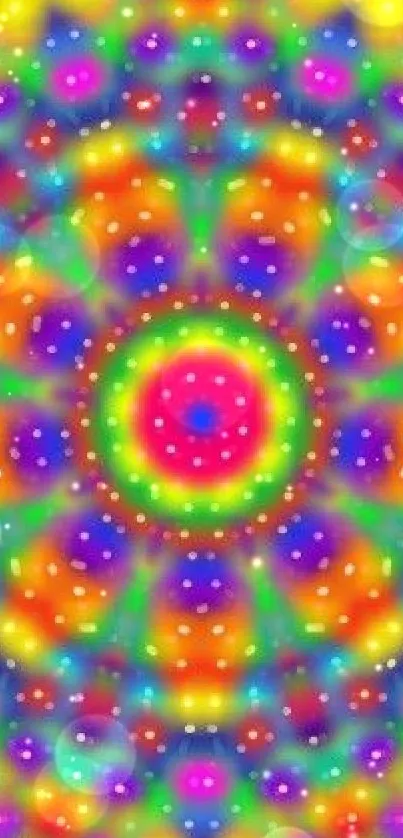 Vibrant kaleidoscope phone wallpaper with colorful symmetrical patterns.