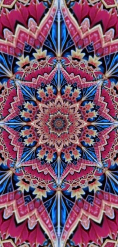 Intricate pink and blue kaleidoscope design wallpaper.