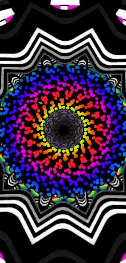 A vibrant kaleidoscope pattern in rainbow hues on a black background.