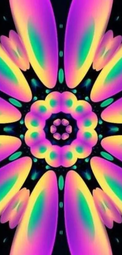 Vibrant kaleidoscope mobile wallpaper with neon colors and abstract design.