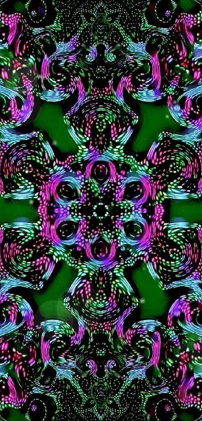Vibrant kaleidoscope phone wallpaper with green, pink, and blue intricate patterns.