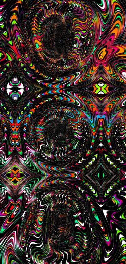 Vibrant abstract kaleidoscope design with swirling patterns and vivid colors.