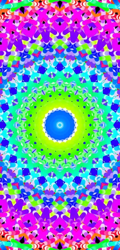 Vibrant kaleidoscope wallpaper with mandala and bright colors for phone screen.