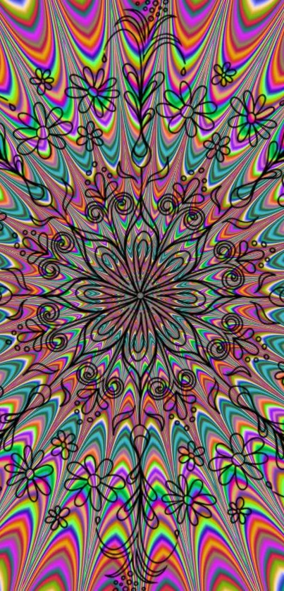 Vibrant kaleidoscope pattern with colorful waves and floral elements.