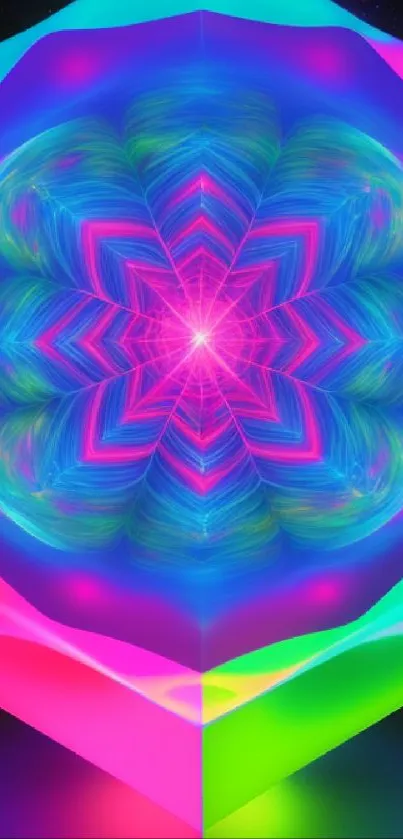 Vibrant kaleidoscope wallpaper with neon colors and geometric design.