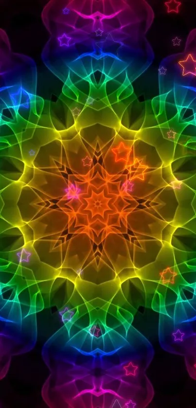 Vibrant starry kaleidoscope wallpaper with rainbow colors and geometric patterns.