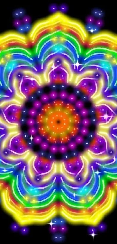 Vibrant kaleidoscope mandala wallpaper with neon colors.