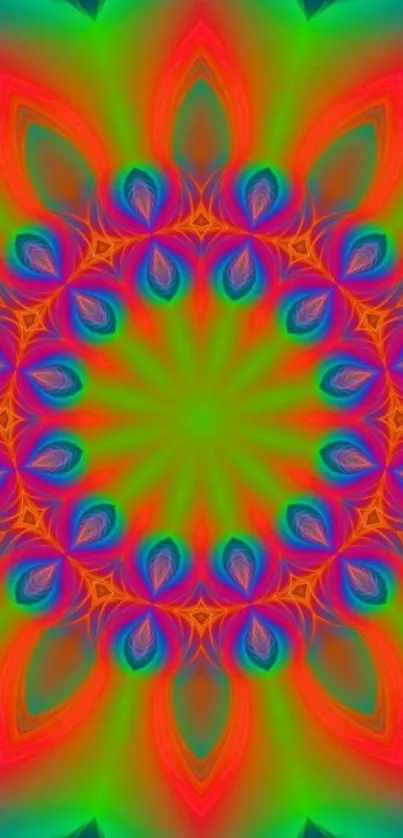 Vibrant green kaleidoscope mandala wallpaper with vivid colors.