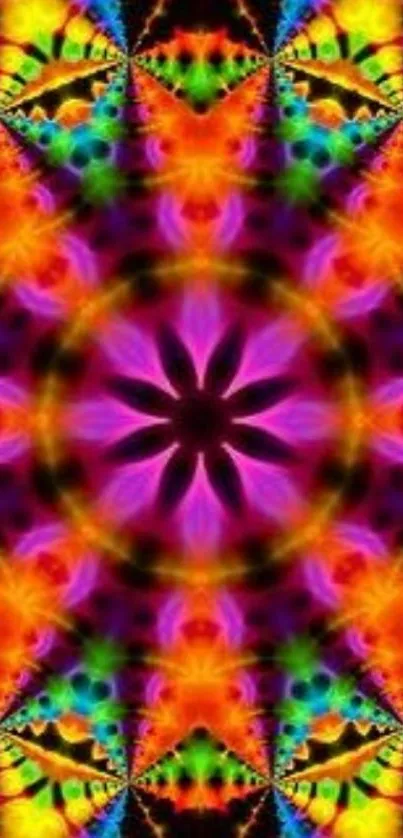 Vibrant kaleidoscope pattern in rainbow colors.