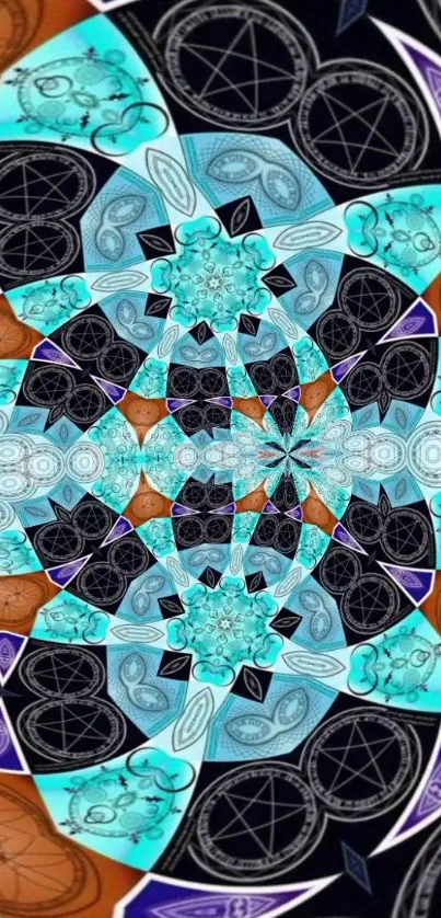 Vibrant kaleidoscope wallpaper with geometric shapes in teal, blue, and orange.