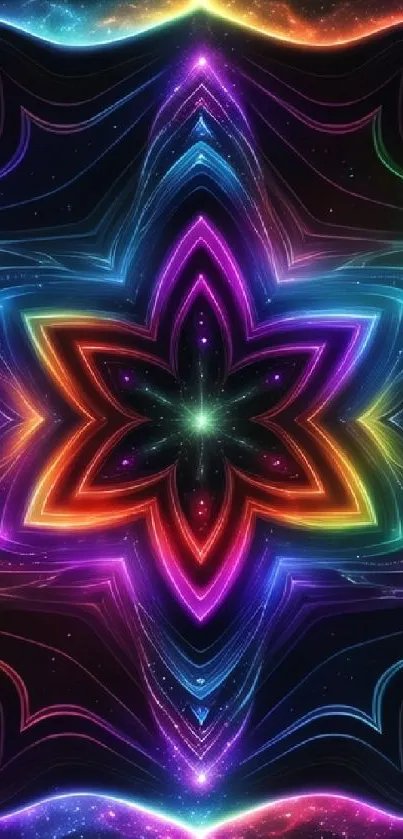 Vibrant neon kaleidoscope wallpaper with intricate geometric patterns.