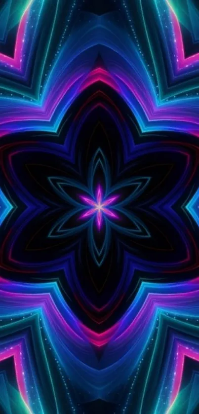 Vibrant kaleidoscope wallpaper with neon colors and abstract design.