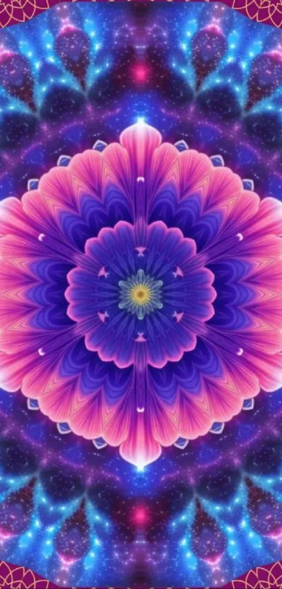 Kaleidoscope galaxy mandala wallpaper in purple, blue, and pink.