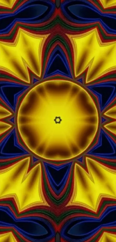 Vibrant kaleidoscope design with yellow patterns.