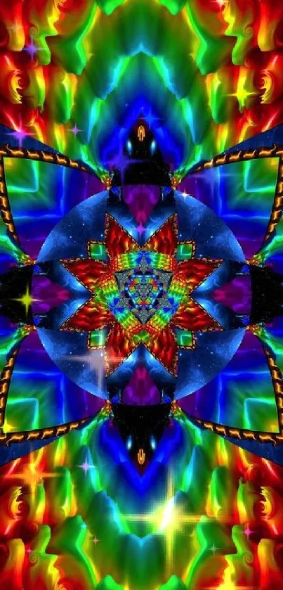 Vibrant kaleidoscope wallpaper with colorful symmetrical patterns.