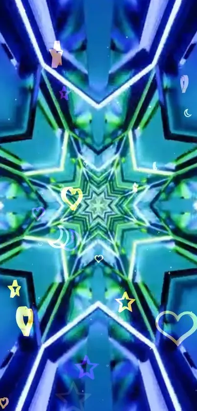 Vibrant blue and green kaleidoscope star wallpaper with celestial symbols.