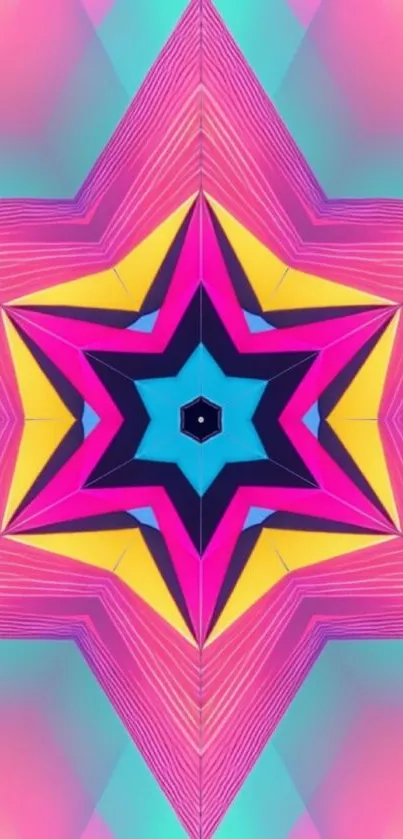 Vibrant kaleidoscope star pattern with pink, blue, and yellow hues.