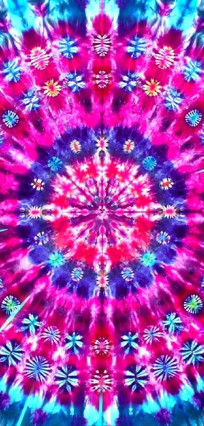 Colorful kaleidoscope tie-dye mobile wallpaper in magenta and blue hues.