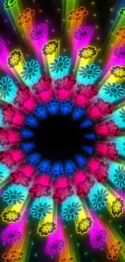 Vibrant kaleidoscope wallpaper with neon floral patterns.