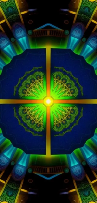 Vibrant kaleidoscope pattern with electric blue and green hues.