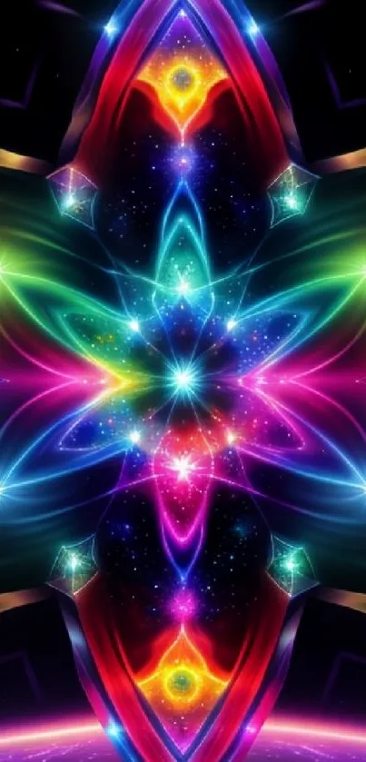 Vibrant kaleidoscope pattern with neon colors and geometric design for phone wallpaper.