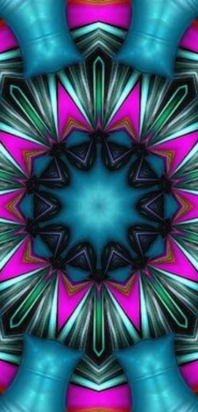 Colorful kaleidoscope pattern with vibrant teal and pink hues.