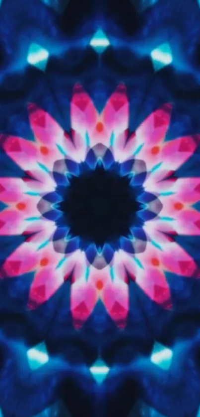 Colorful kaleidoscopic floral wallpaper with blues and pinks.