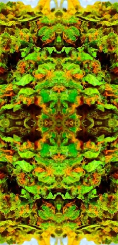 Kaleidoscopic leaf pattern with vibrant green hues.