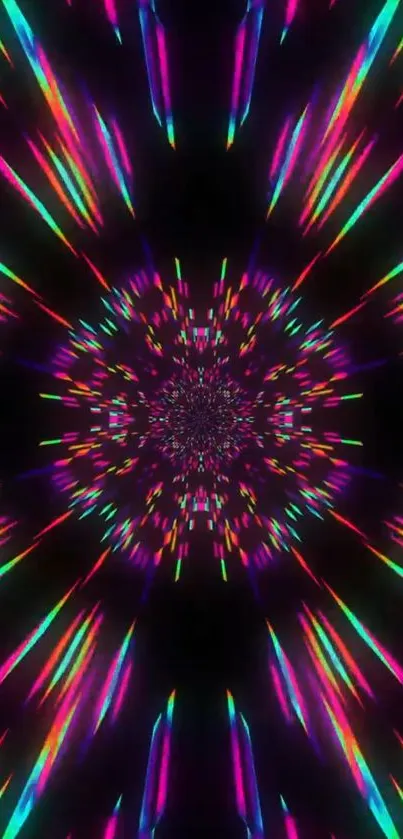 Multicolored neon kaleidoscopic wallpaper with a black backdrop.