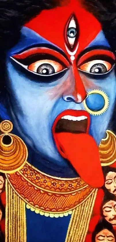 Vibrant depiction of Goddess Kali in colorful traditional art.