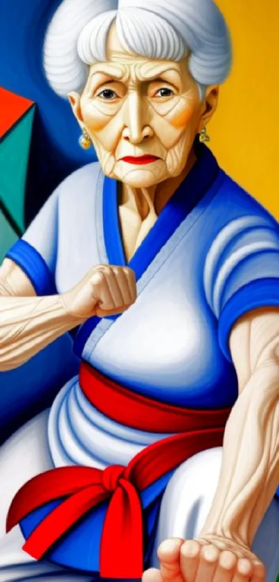 Elderly woman in karate pose with vibrant blue and red colors.