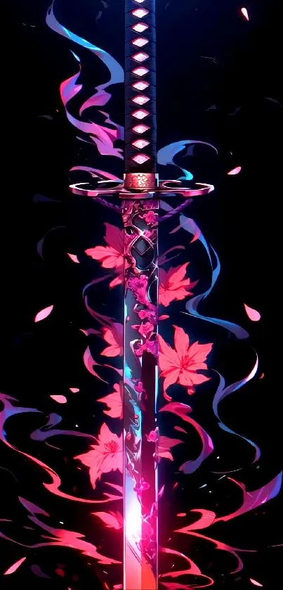 Vibrant katana with swirling floral designs on a dark background.