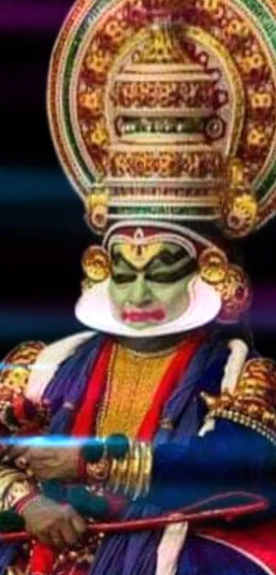 Kathakali dancer in colorful attire, vibrant traditional art wallpaper.