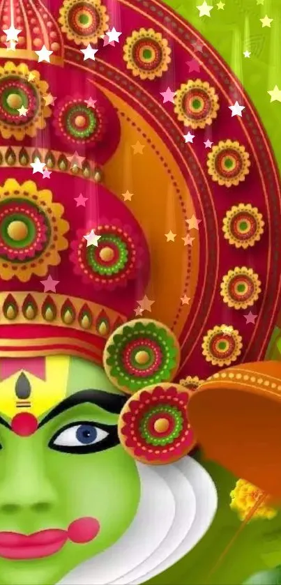 Colorful Kathakali art wallpaper with vibrant hues and intricate designs.