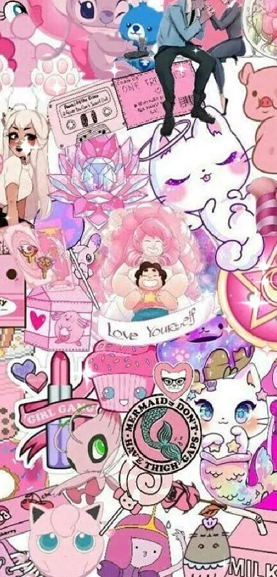 Vibrant kawaii aesthetic collage with pink theme for phone wallpaper.