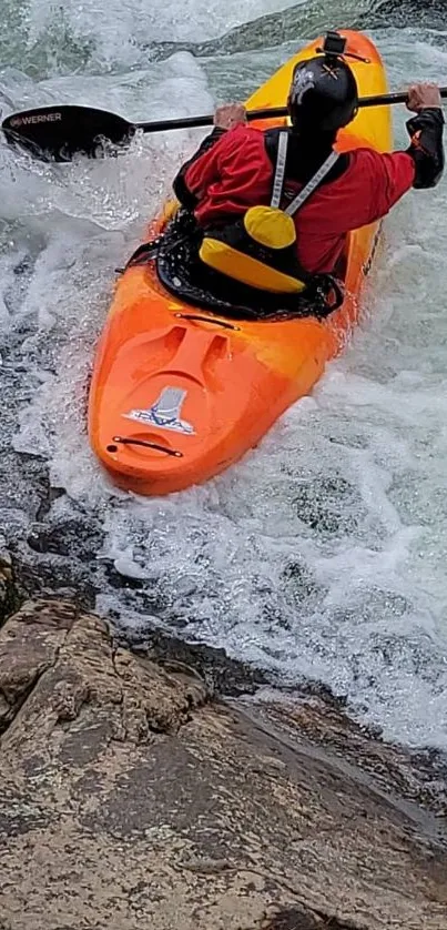 Kayaker in an orange kayak navigating river rapids with splashing water.