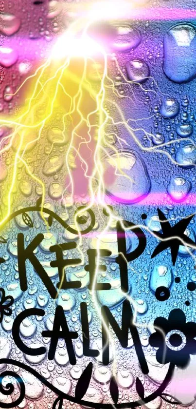 Vibrant 'Keep Calm' wallpaper with lightning and water droplets on phone screen.