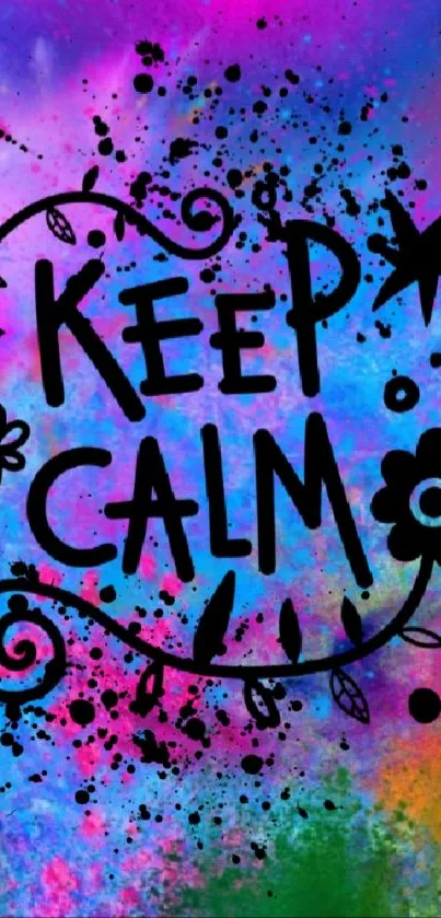 Vibrant 'Keep Calm' abstract wallpaper with colorful splashes.