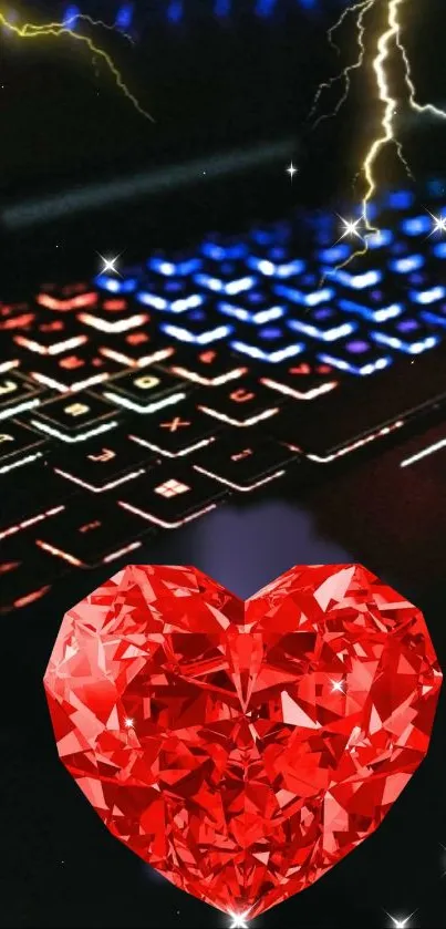 Mobile wallpaper with colorful keyboard and red heart gem design.